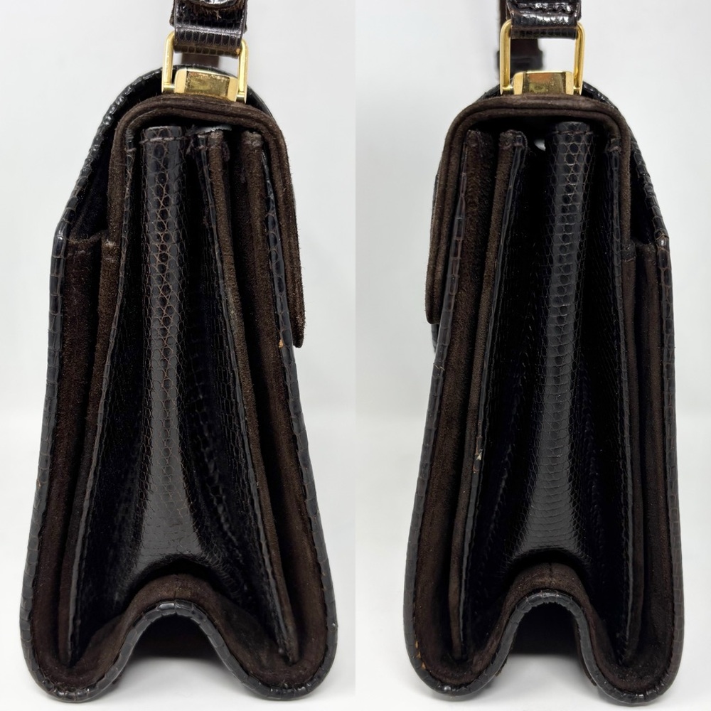 Gucci Vintage 1970s Blondie Logo Lizard & Suede Top Handle Bag Chocolate Brown - Picture 14 of 16